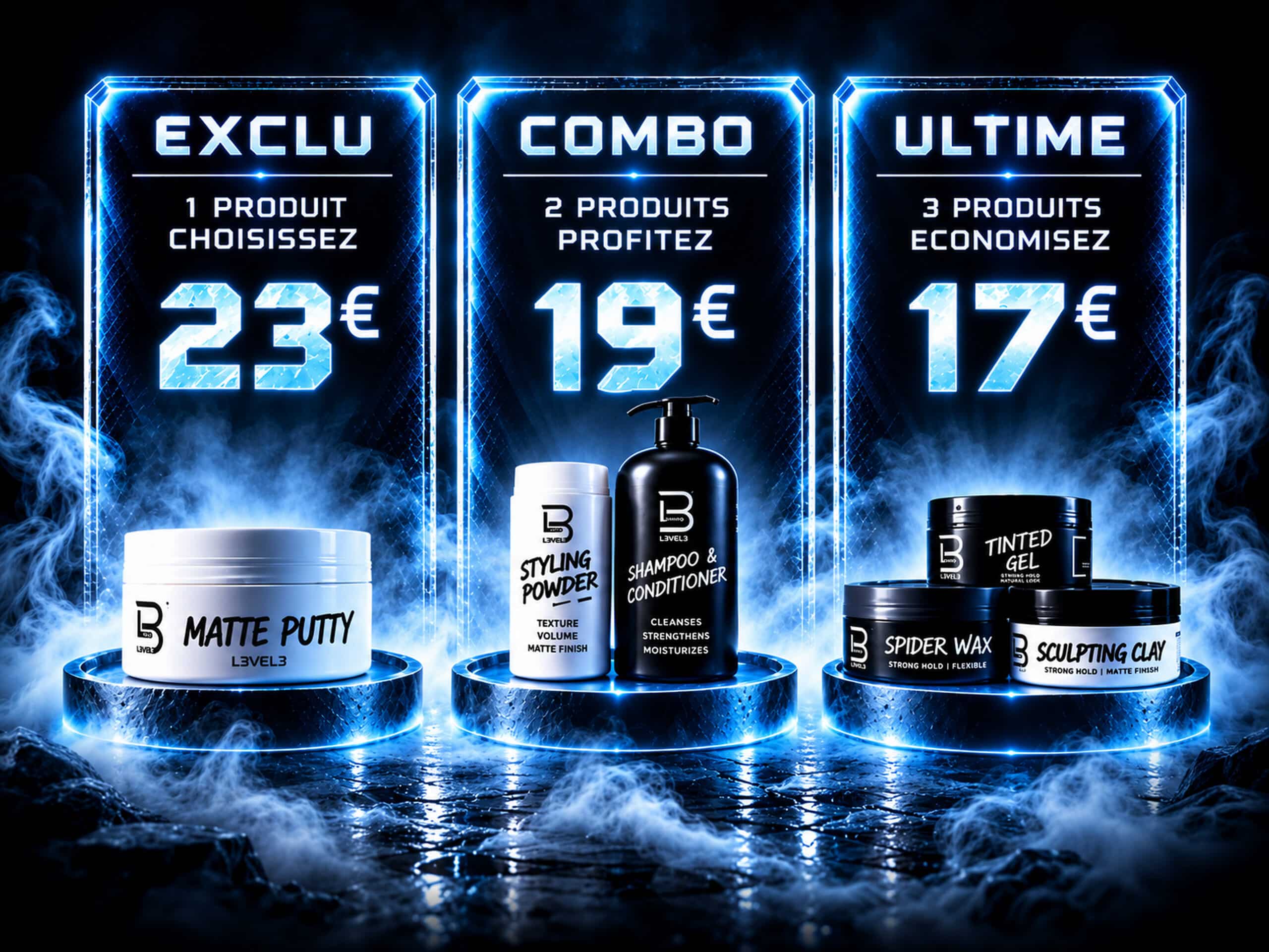 Packs produits : 1 produit 23 €, 2 produits 19 €, 3 produits 17 €